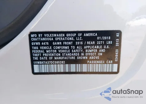 2013 Volkswagen Passat 2.5L Se z USA, uszkodzony, nr VIN 1VWBH7A37DC085262